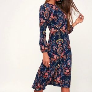 Garden Splendor Navy Blue Floral Print Dress